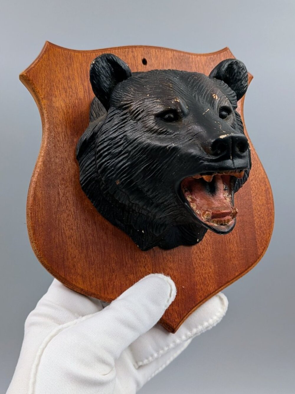 Midcentury Vintage Black Bear Wall Plaque – Plaster Chalkware on Wood